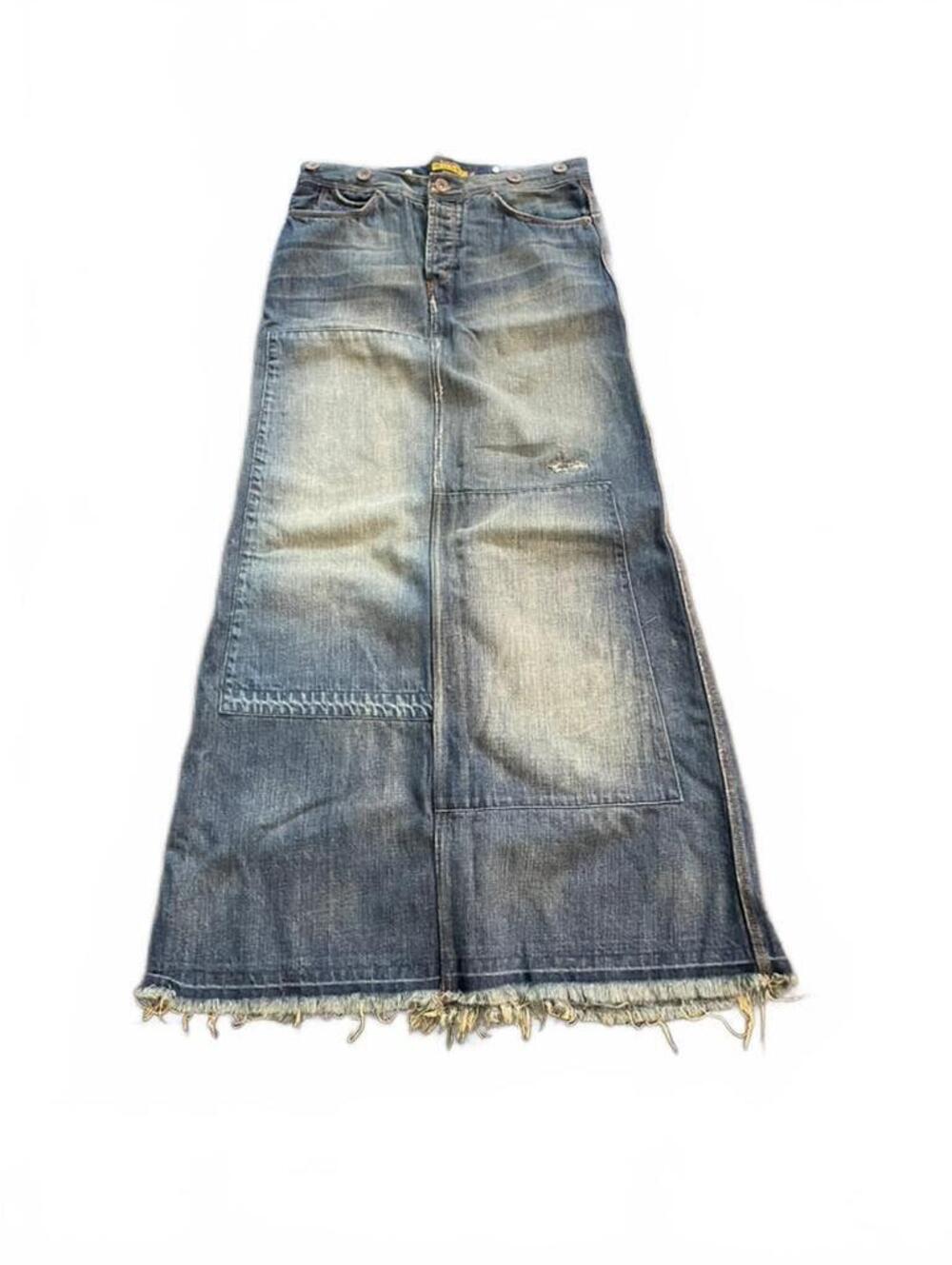 Vintage Ralph Lauren Rugby Denim Maxi Skirt with Patchwork and Frayed Hem